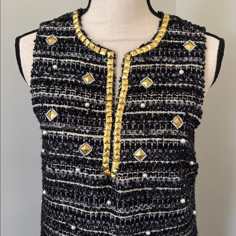 Rachel Zoe NWT Black and Gold and Pearl Sleeveless Dress Size 6 - Picture 2 of 5
